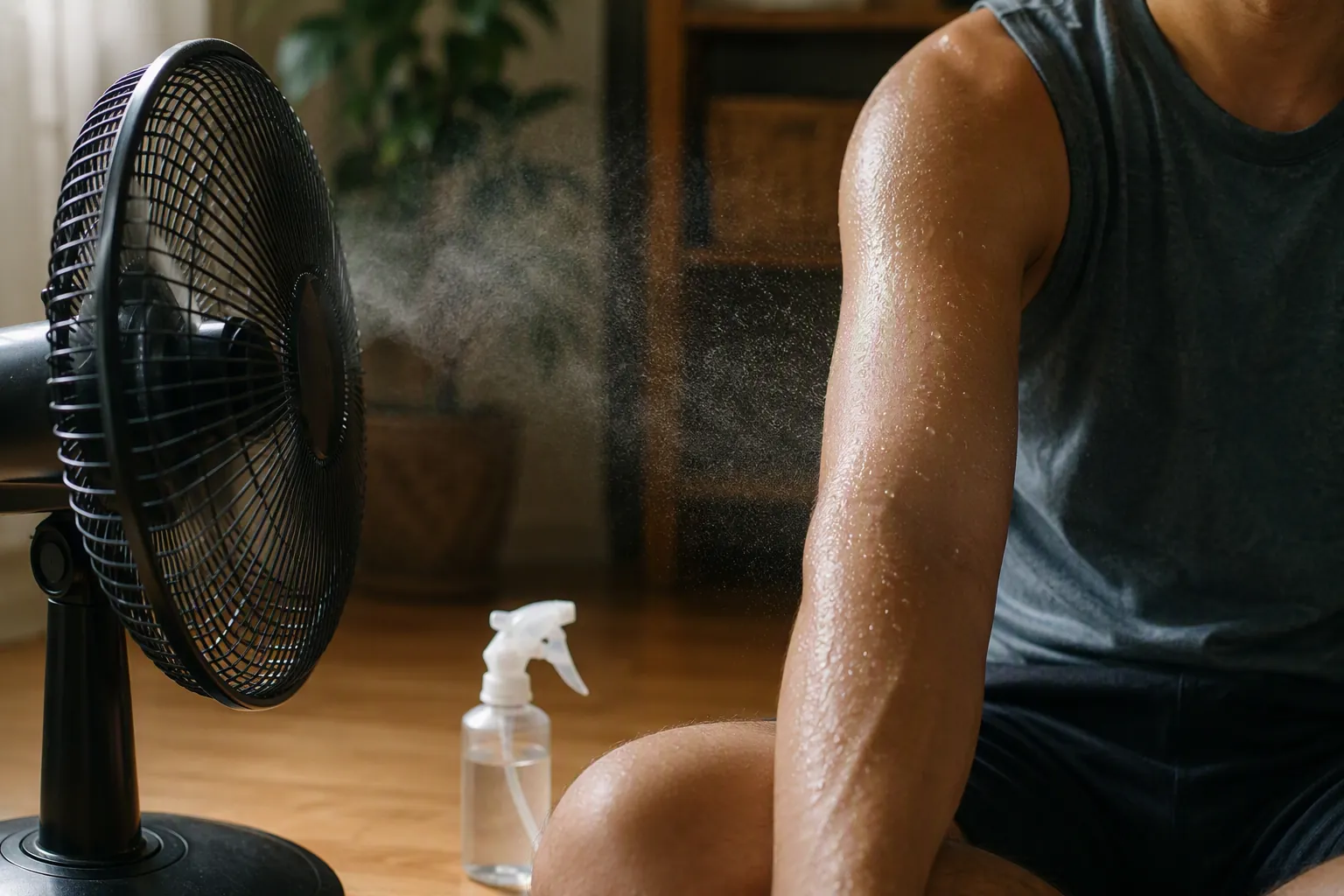 Fan blowing across misted damp skin with a spray bottle nearby for evaporative cooling