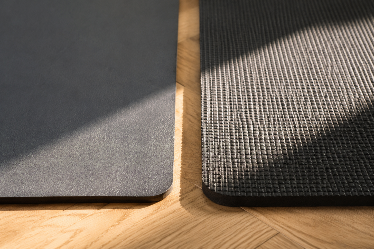 Smooth rubber mat backing beside textured foam backing on a polished hardwood floor