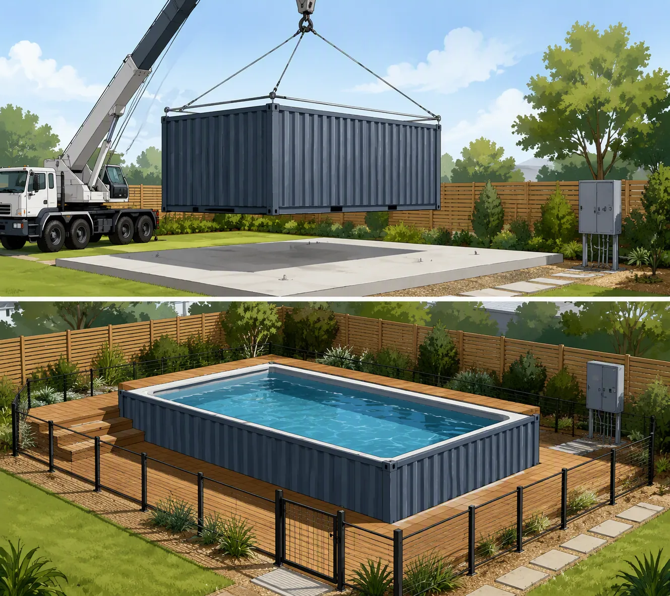 A shipping container pool being placed by crane with foundation, decking, fencing, and electrical work shown around it