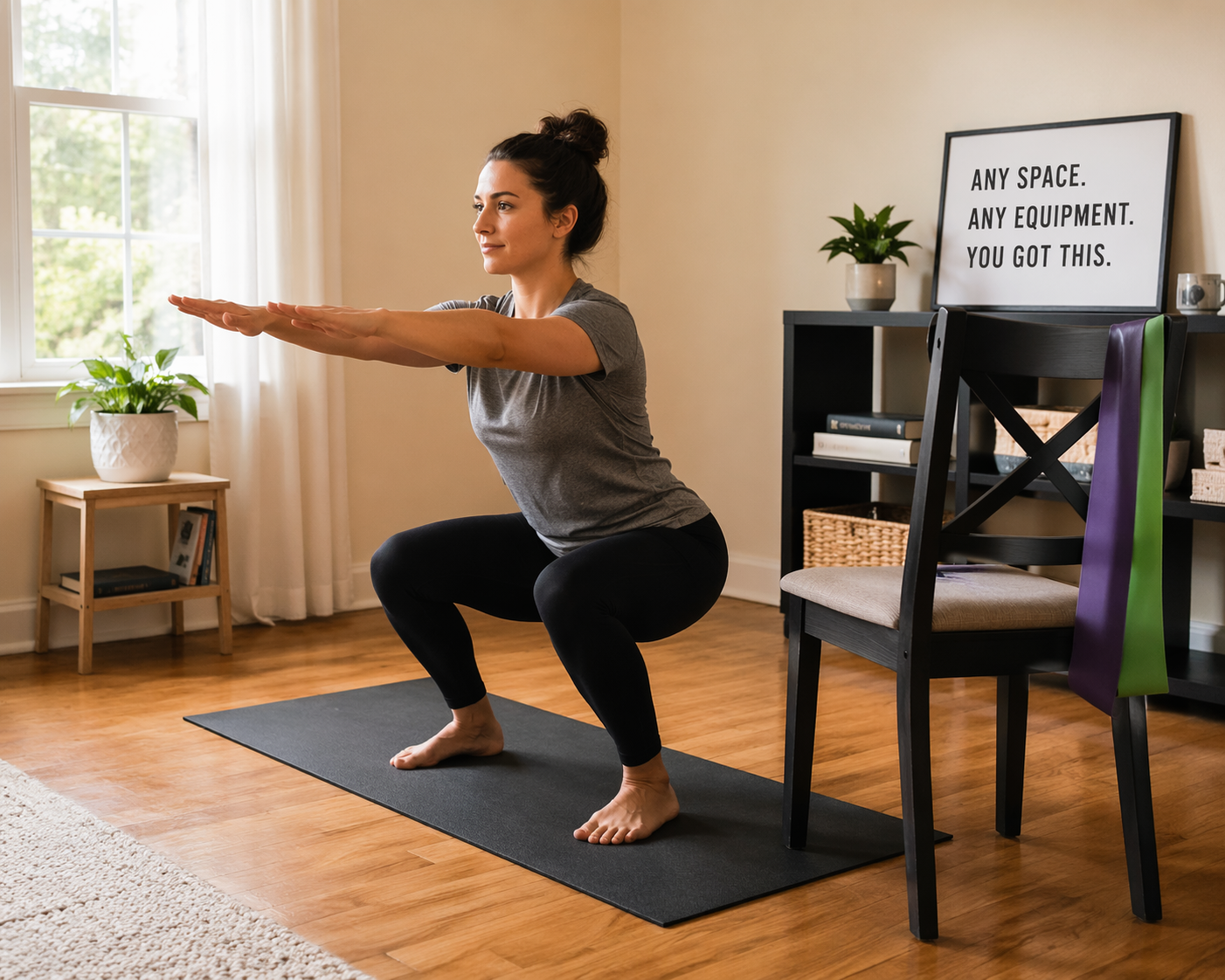 A person in a bright living room performs a bodyweight squat on an exercise mat, with upright torso and arms extended forward. A chair and resistance band sit nearby. Soft window light illuminates the scene.
