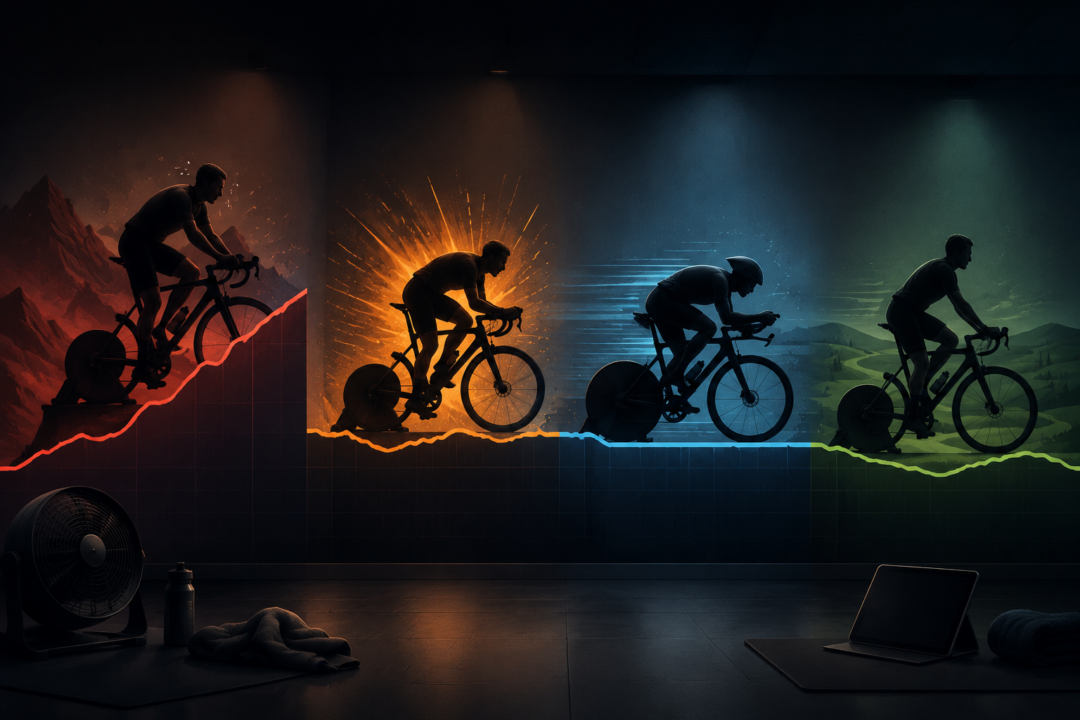 Four indoor trainer riders representing mountain, sprint, time trial, and flat endurance workouts
