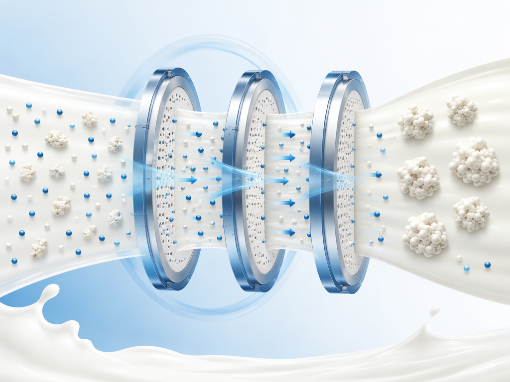 Illustration of milk passing through ultra-filtration membranes to concentrate protein and reduce sugar