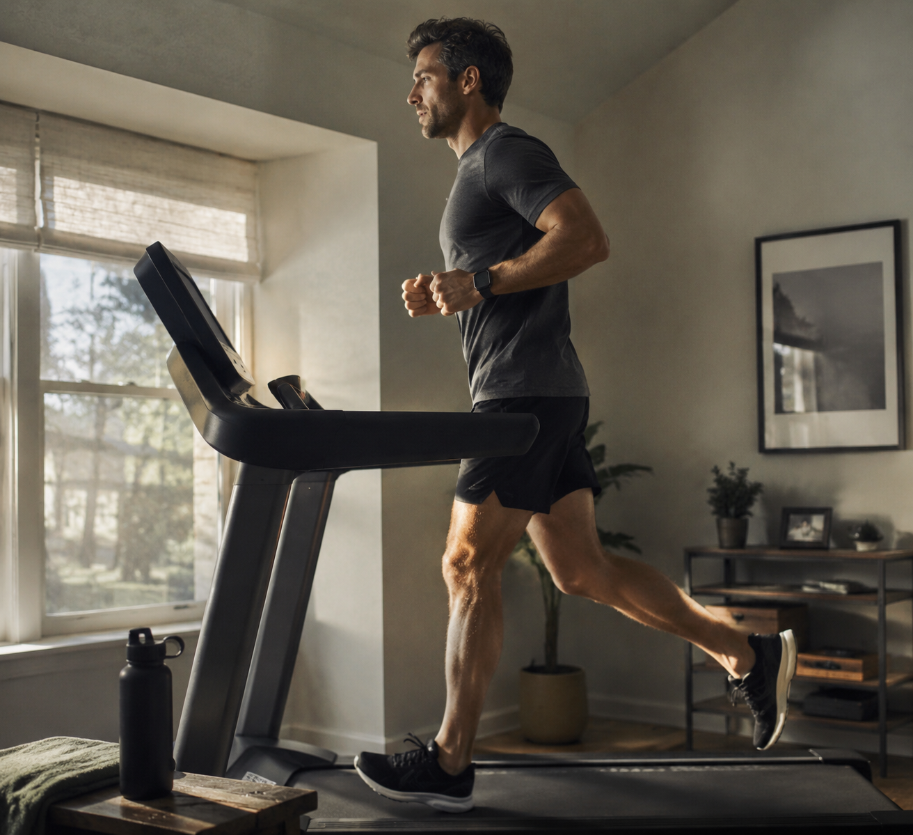 Home runner training on a treadmill in a sunlit home gym