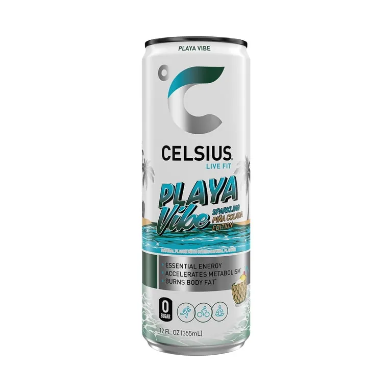 A single 12 fl oz Celsius energy drink can standing upright against a white background