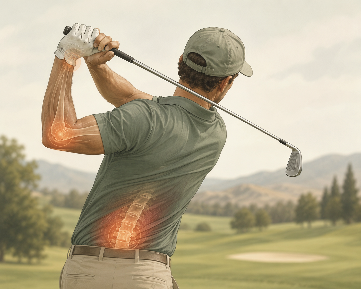 Golfer in follow-through with highlighted lower back, wrist, and elbow areas
