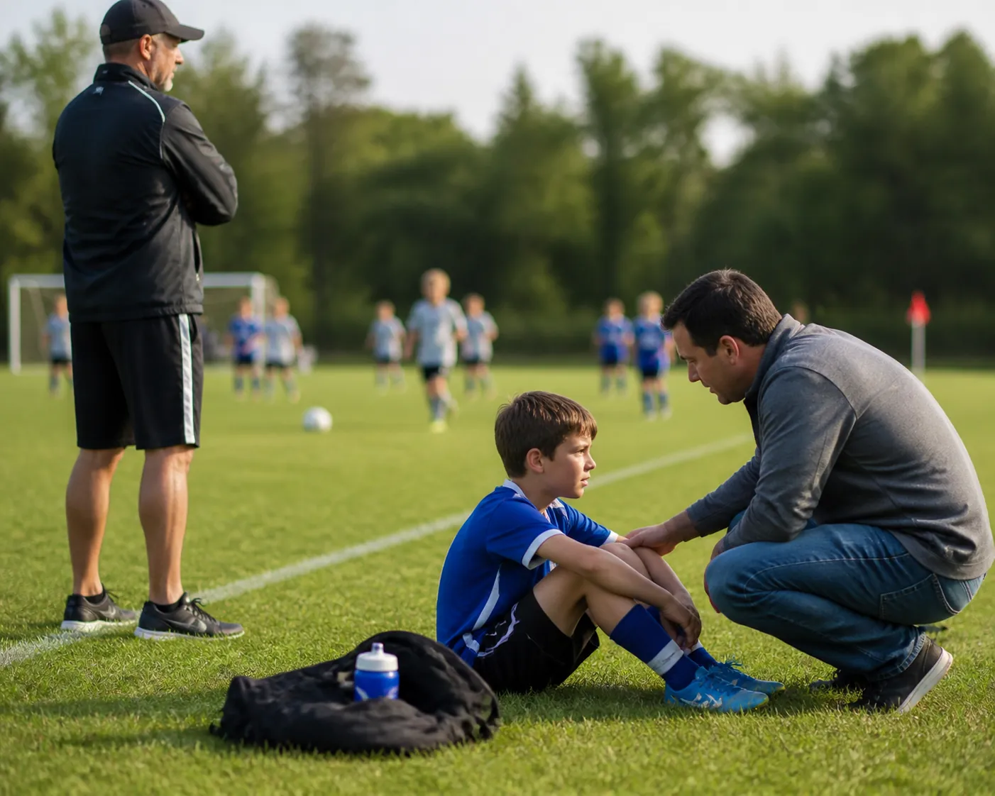 Young soccer player sitting on the sideline while an adult and coach pause for a calm head injury evaluation