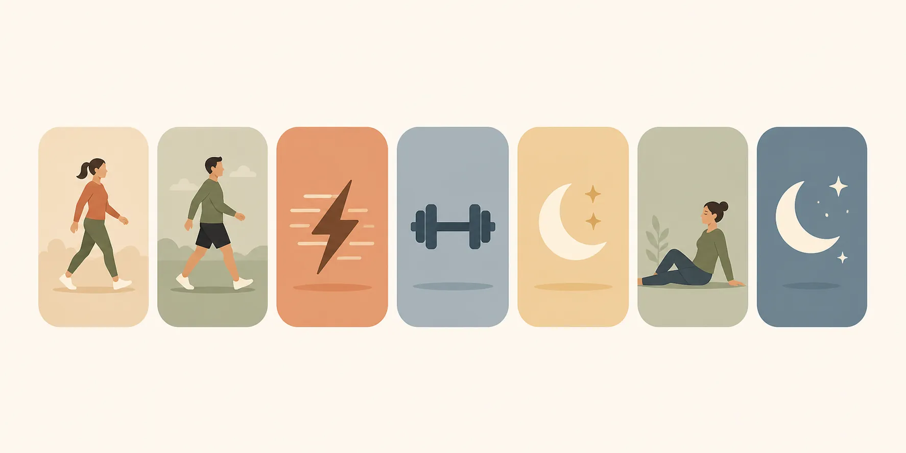 Illustration of a weekly walking plan with steady walk, long walk, speed, strength, and rest days