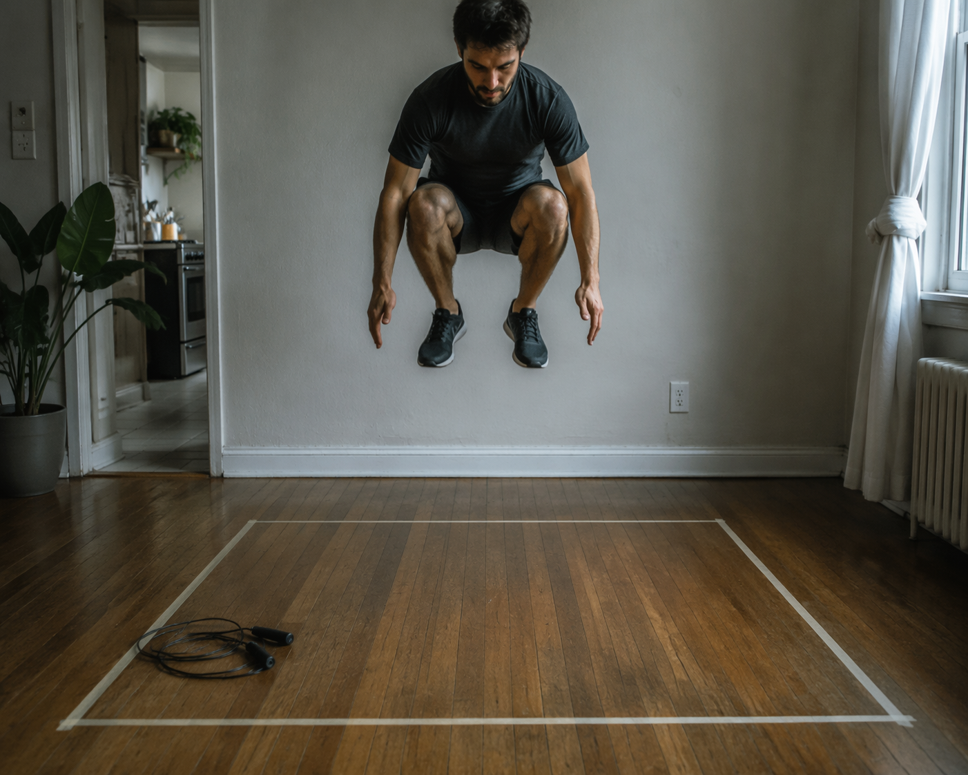 Person performing an explosive bodyweight movement inside a taped 2 meter by 2 meter home workout square