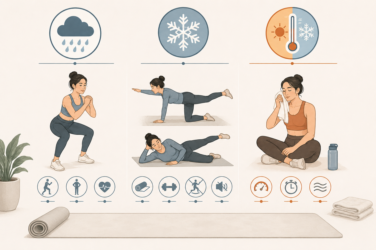 Three-column diagram matching rain, ice or snow, and extreme heat or cold to small-space workout types