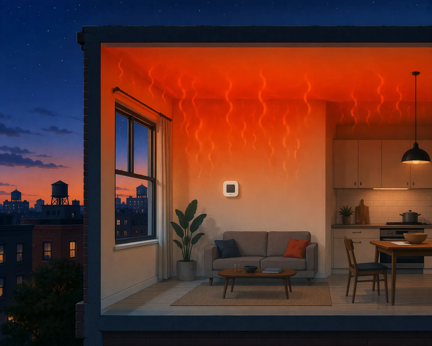 Cutaway of a small apartment at dusk showing heat trapped near the ceiling and walls while the outside sky cools