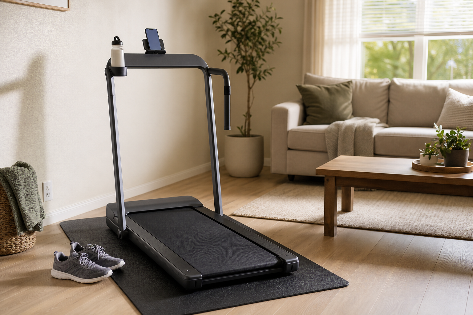 A compact folding treadmill set up on a rubber floor mat in a warmly lit home living room, with a water bottle in the cup holder and athletic shoes beside the machine.