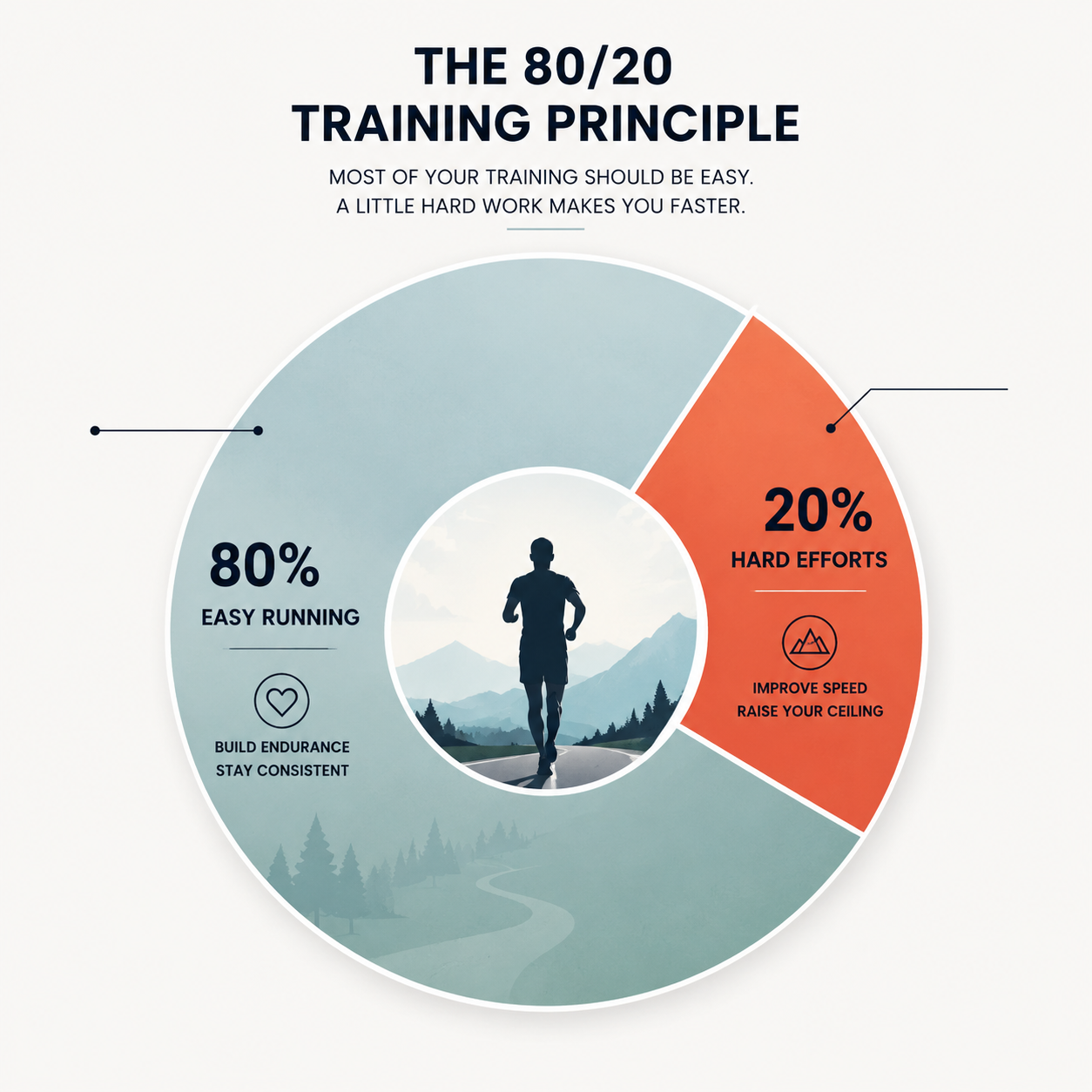 Circular infographic showing the 80/20 training principle with 80 percent easy running and 20 percent hard efforts