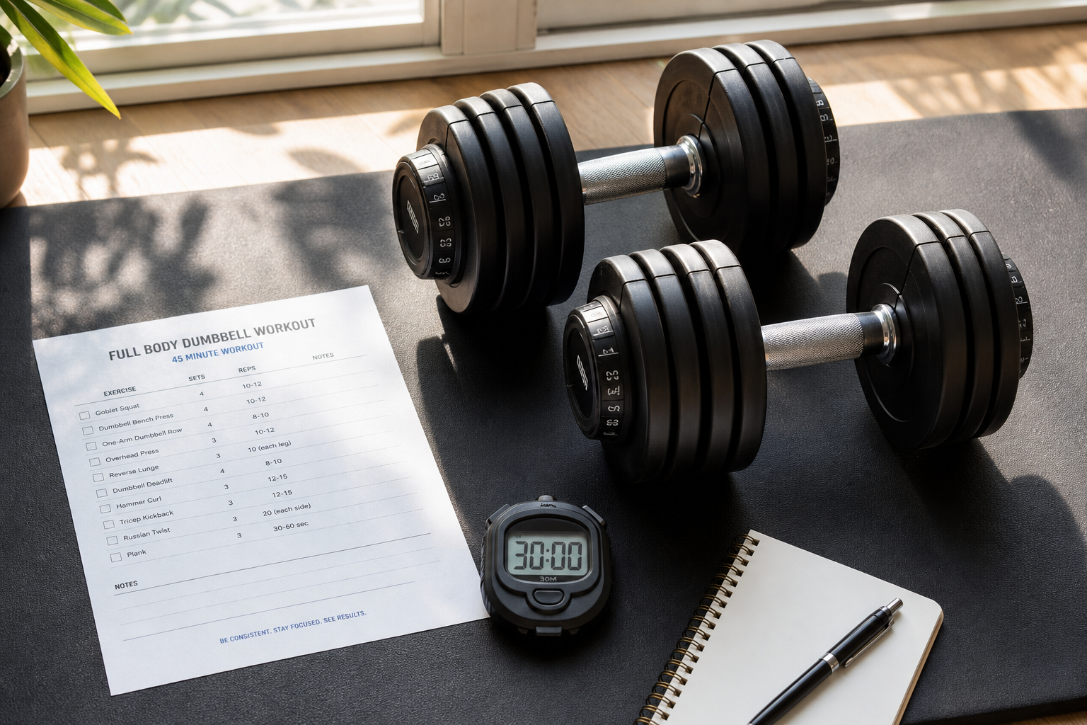 Flat-lay photograph of adjustable dumbbells on a mat with a workout sheet, timer, notebook, and pen in warm morning light.