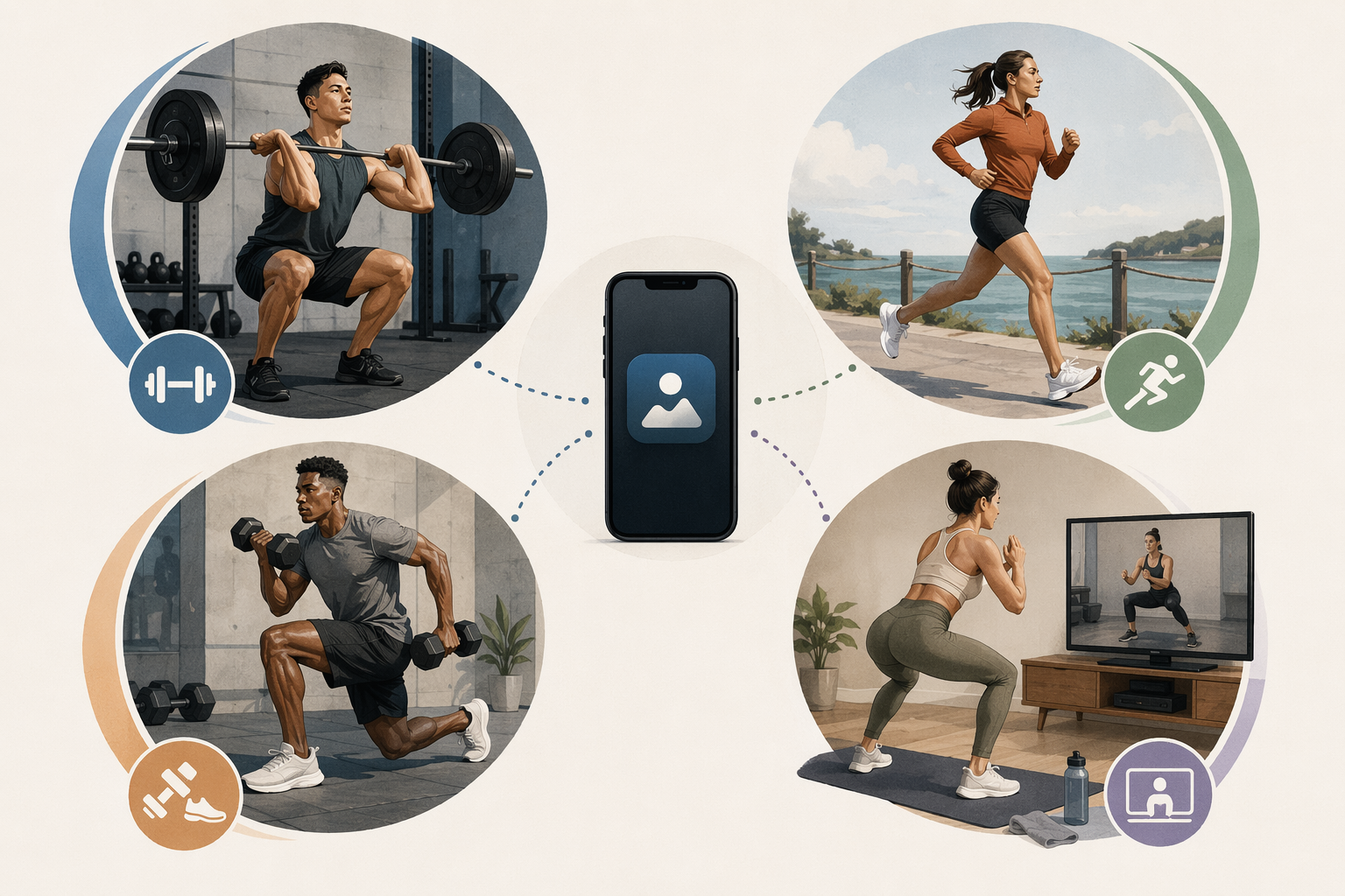 Four workout styles shown together with a smartphone suggesting app selection