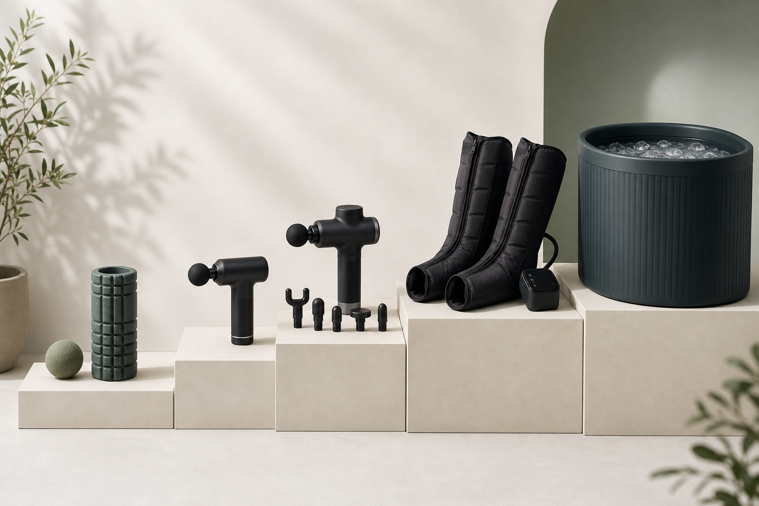 Five recovery tools arranged on upward-stepping shelves: a lacrosse ball and foam roller, a compact massage gun, a higher-end massage gun with attachments, compression boots, and a cold plunge tub silhouette.
