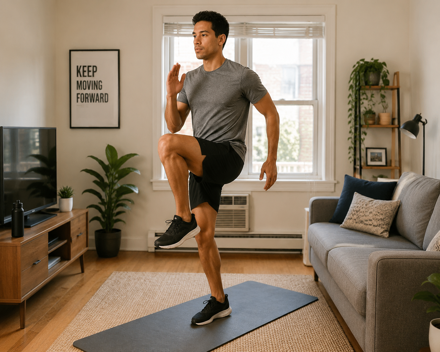 A person doing high knees on a yoga mat in a compact apartment living room