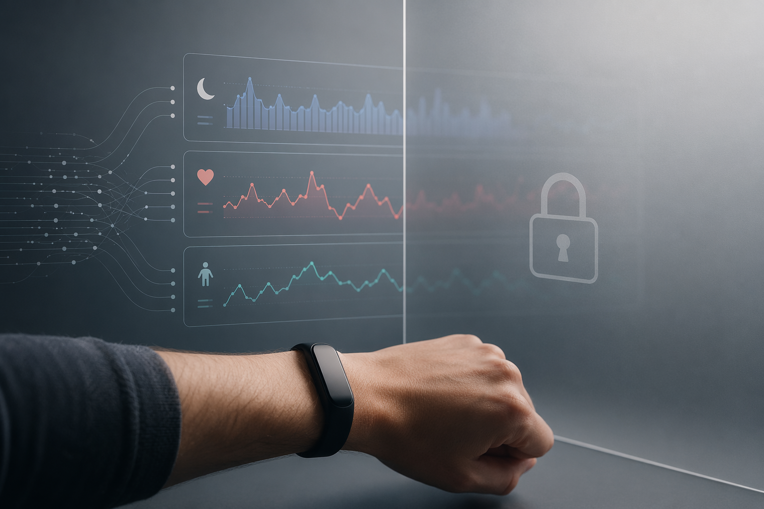 Fitness tracker data graphs fading behind a locked barrier to suggest lost access to health trends