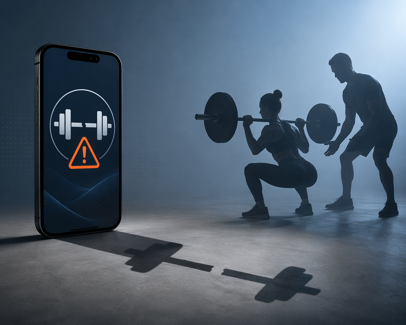 Smartphone with barbell warning icon casting a broken-barbell shadow