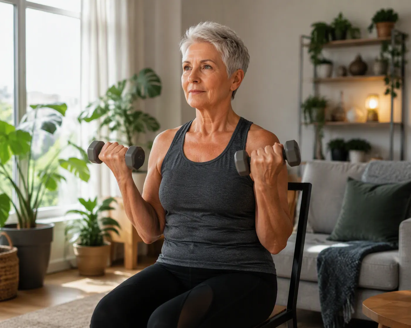 Older adult doing seated dumbbell curls in a bright apartment living room
