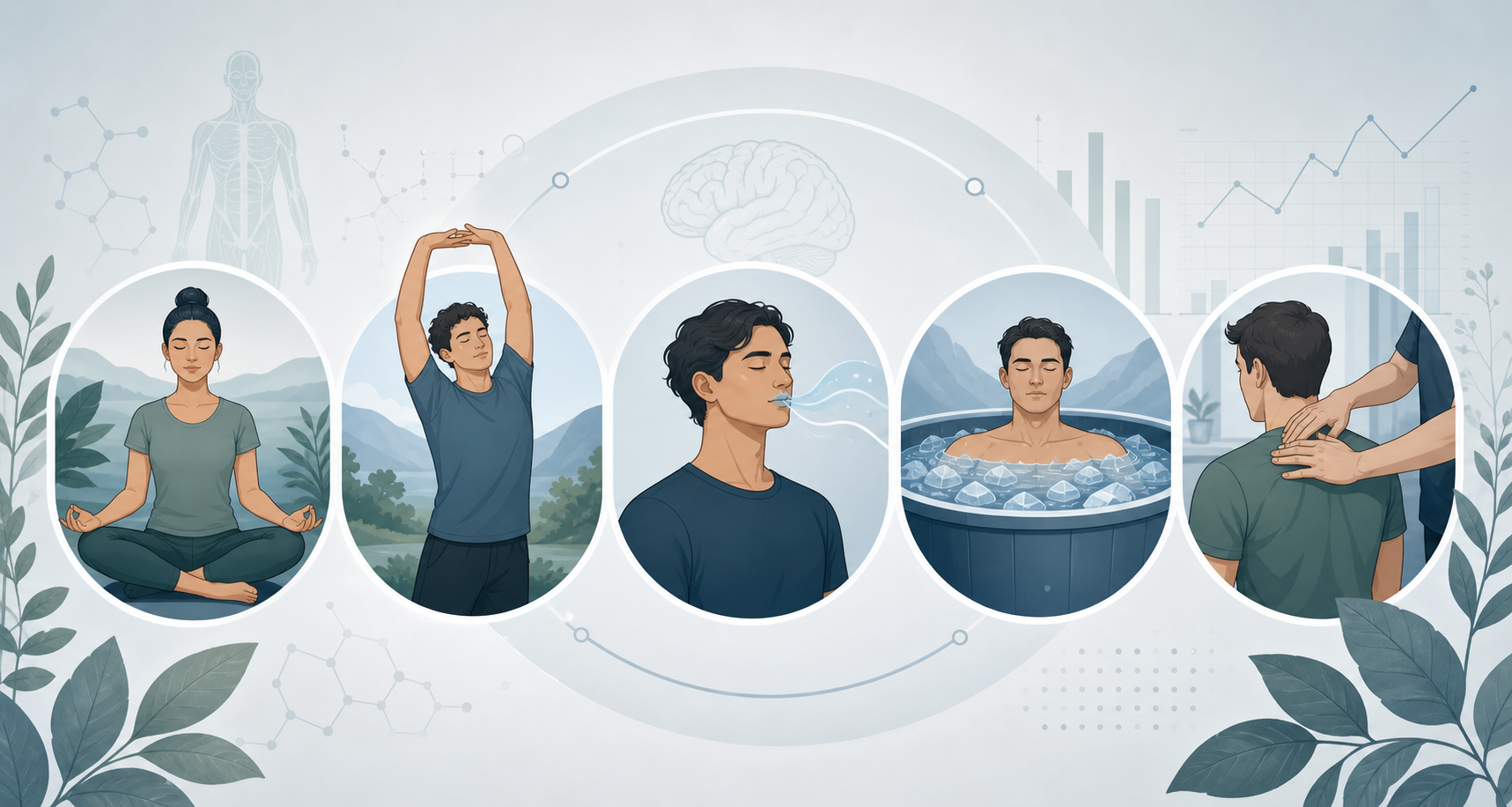 Editorial illustration showing five recovery activity icons in a horizontal layout: seated meditation figure, person stretching arms overhead, person with gentle breath waves, person submerged in an ice bath up to shoulders, and hands giving a shoulder massage.
