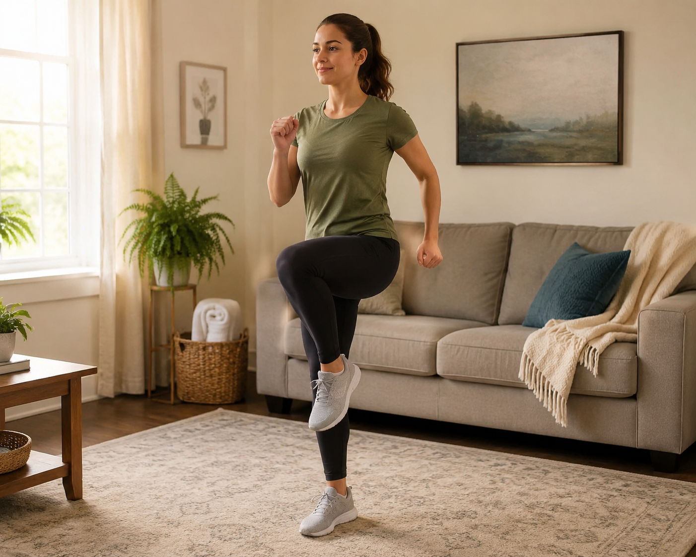 A person calmly marching in place in a cozy living room for beginner Zone 2 cardio