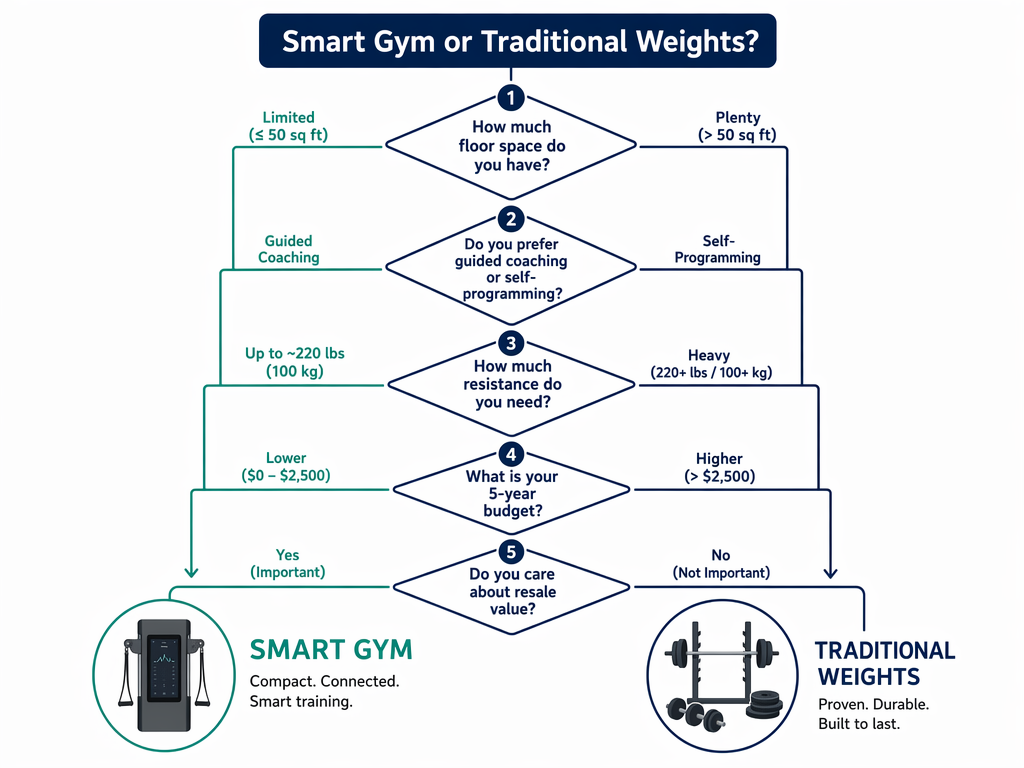 Clean decision flowchart infographic starting with 'Smart Gym or Traditional Weights?' branching through five diamond-shaped decision nodes about space, coaching, resistance, budget, and resale value, leading to smart gym or traditional free weights icon outcomes in navy and teal flat vector style.