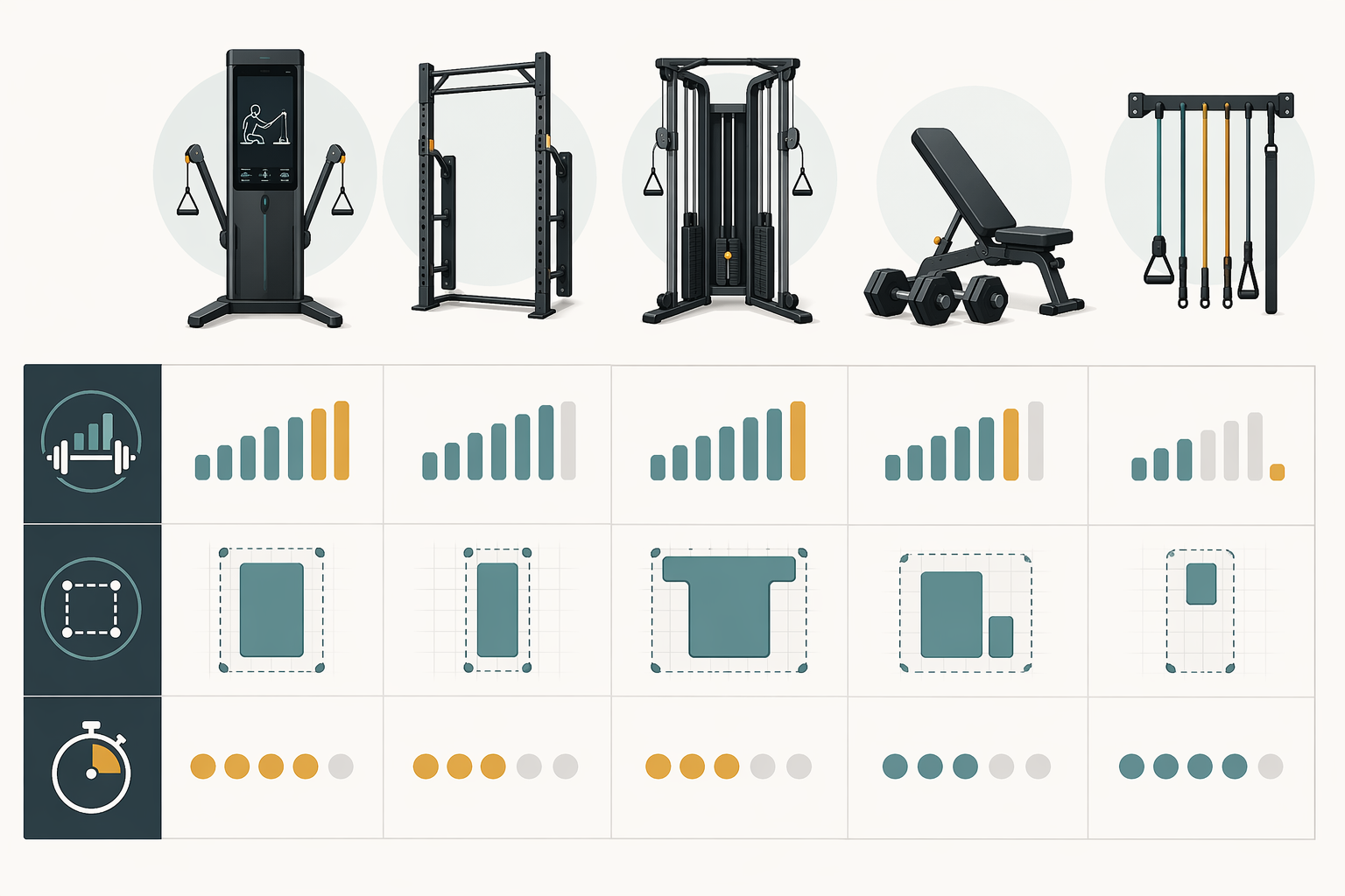 Comparison matrix showing compact gym equipment types across resistance ceiling, floor footprint, and setup friction