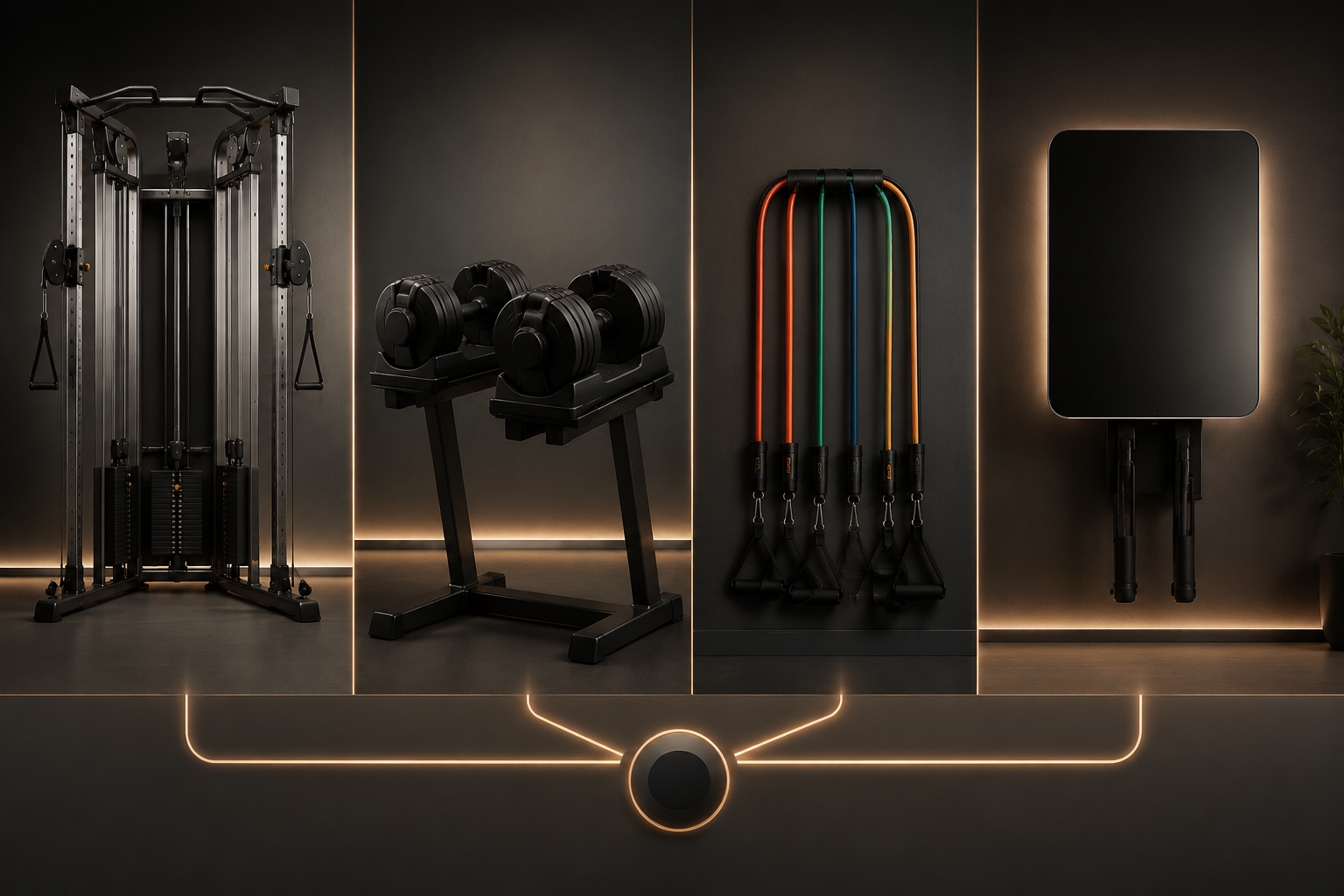 Cable machine, adjustable dumbbells, resistance bands, and wall-mounted smart gym arranged for comparison