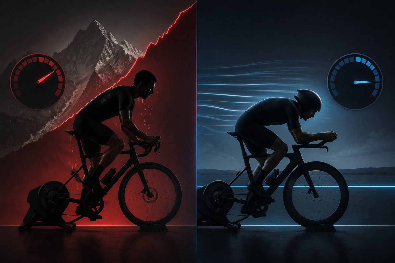 Split-screen comparison of low-cadence mountain intervals and steady time-trial indoor cycling
