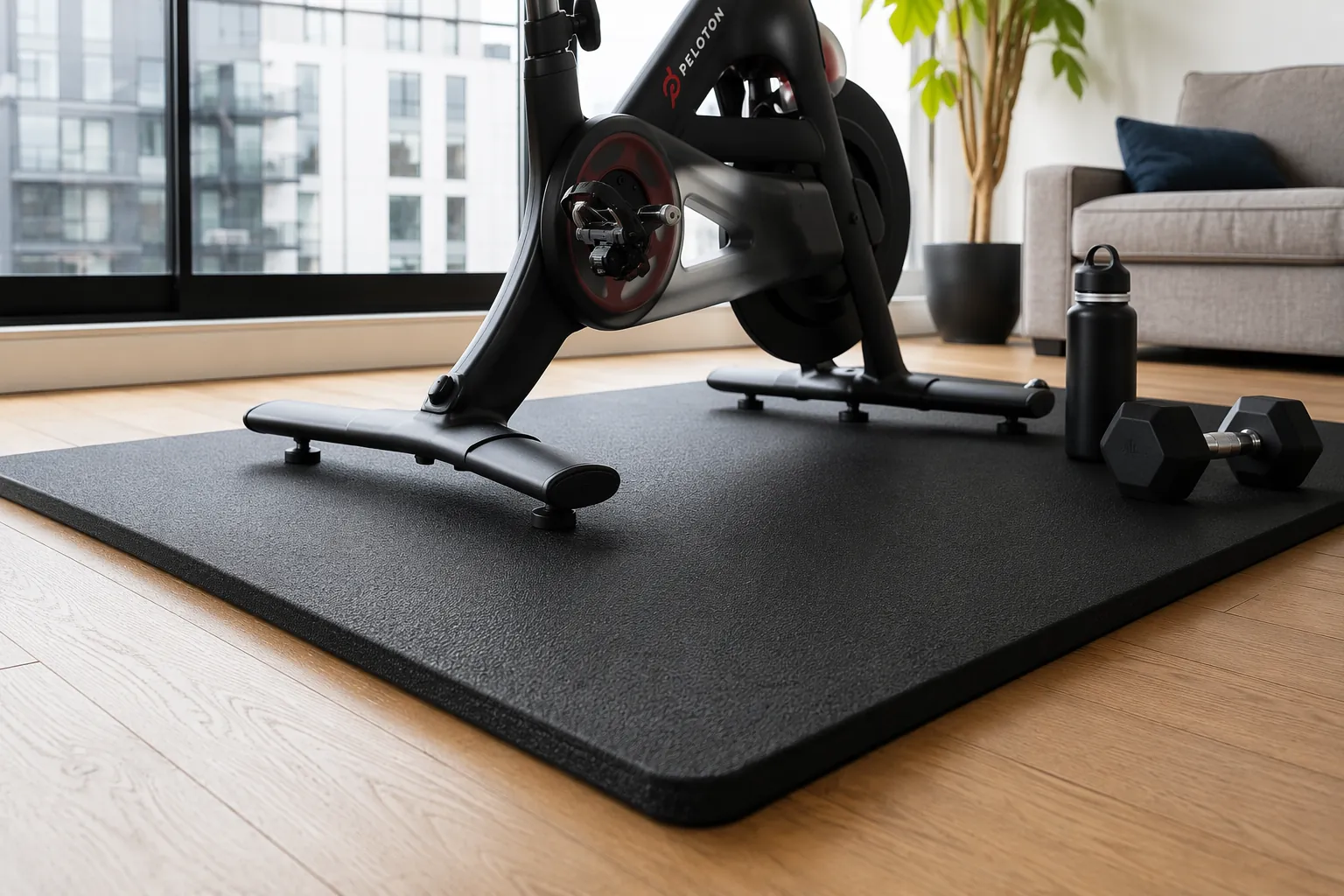 Exercise bike feet resting on a thick black foam mat over a hardwood floor