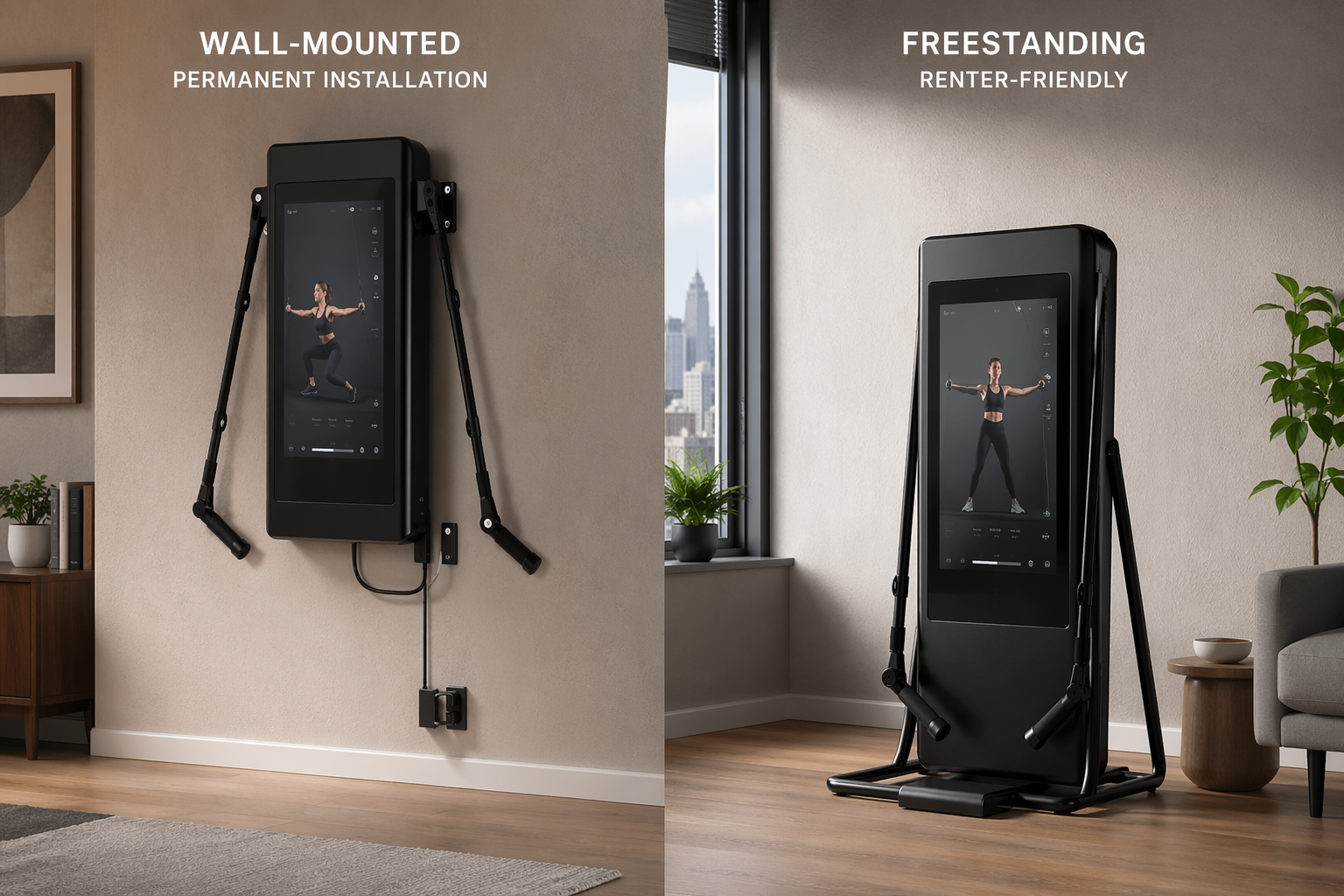 Wall-mounted smart gym compared with a freestanding foldable smart gym in an apartment