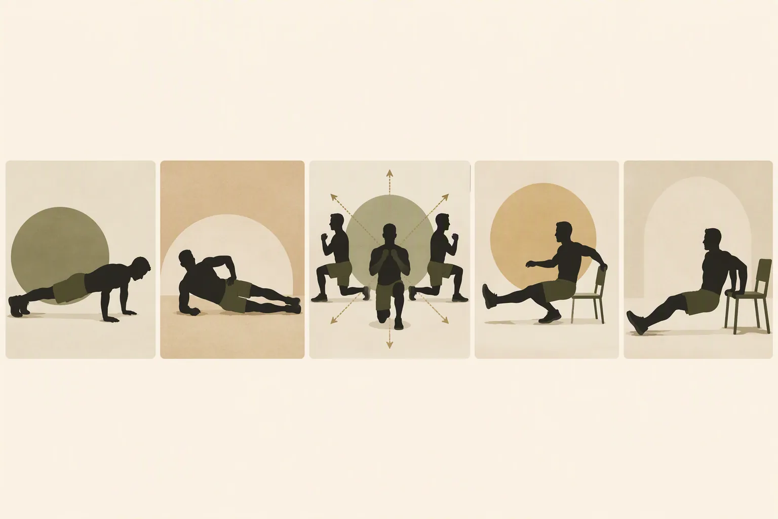Illustration of five bodyweight exercises: push-up, side-lying hip raise, multi-angle lunge, single-leg squat, and tricep dip
