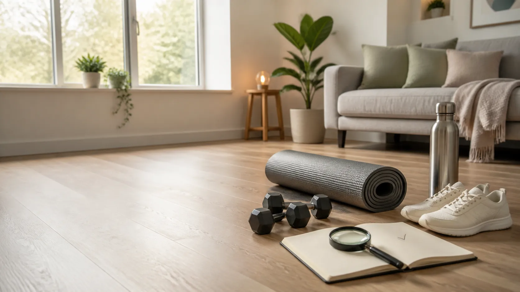 Apartment workout setup with mat, dumbbells, sneakers, water bottle, and a notebook with a checkmark