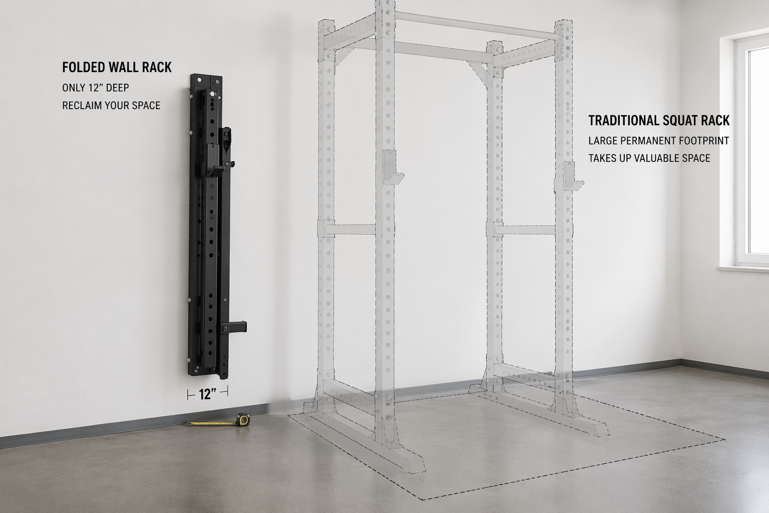 Foldable wall-mounted squat rack stored flat against a wall with a measuring tape showing shallow folded depth
