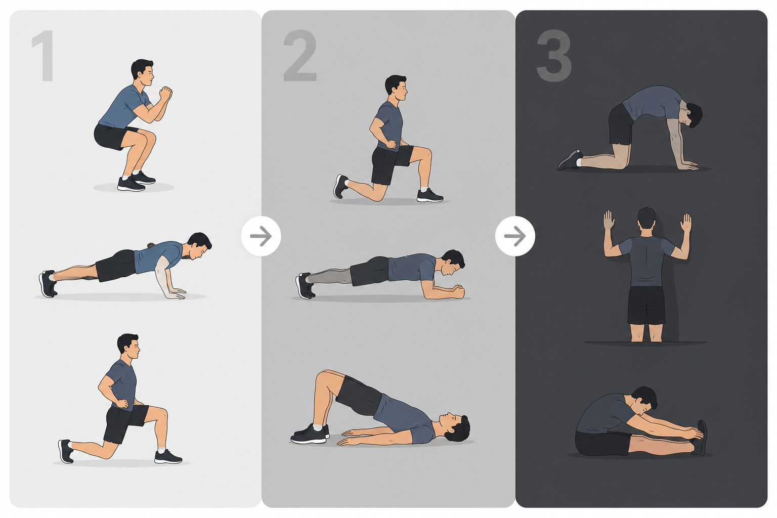Three-panel illustration of storm-phase workouts progressing from strength circuits to mobility