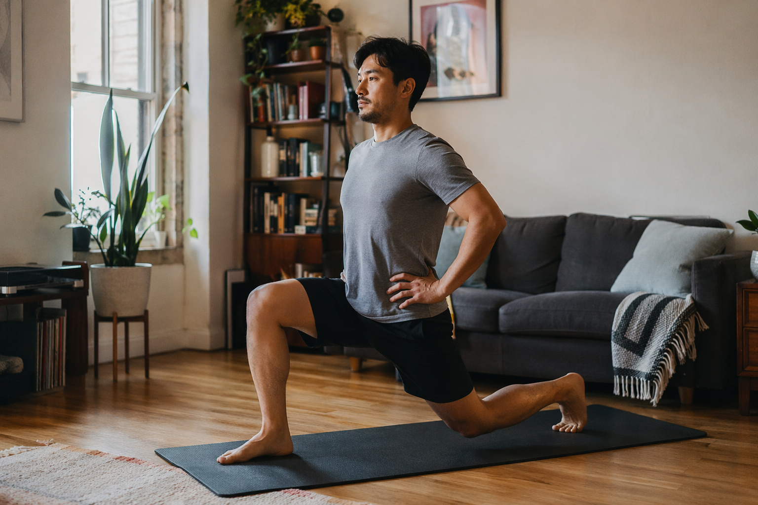 A person in athletic clothing performs a controlled forward lunge on a yoga mat in a small apartment living room. A couch, bookshelf, and houseplant are visible in the background with soft natural light coming through a window.