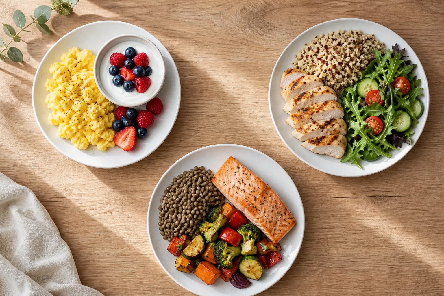 Three protein-centered meals for breakfast, lunch, and dinner on a wooden table