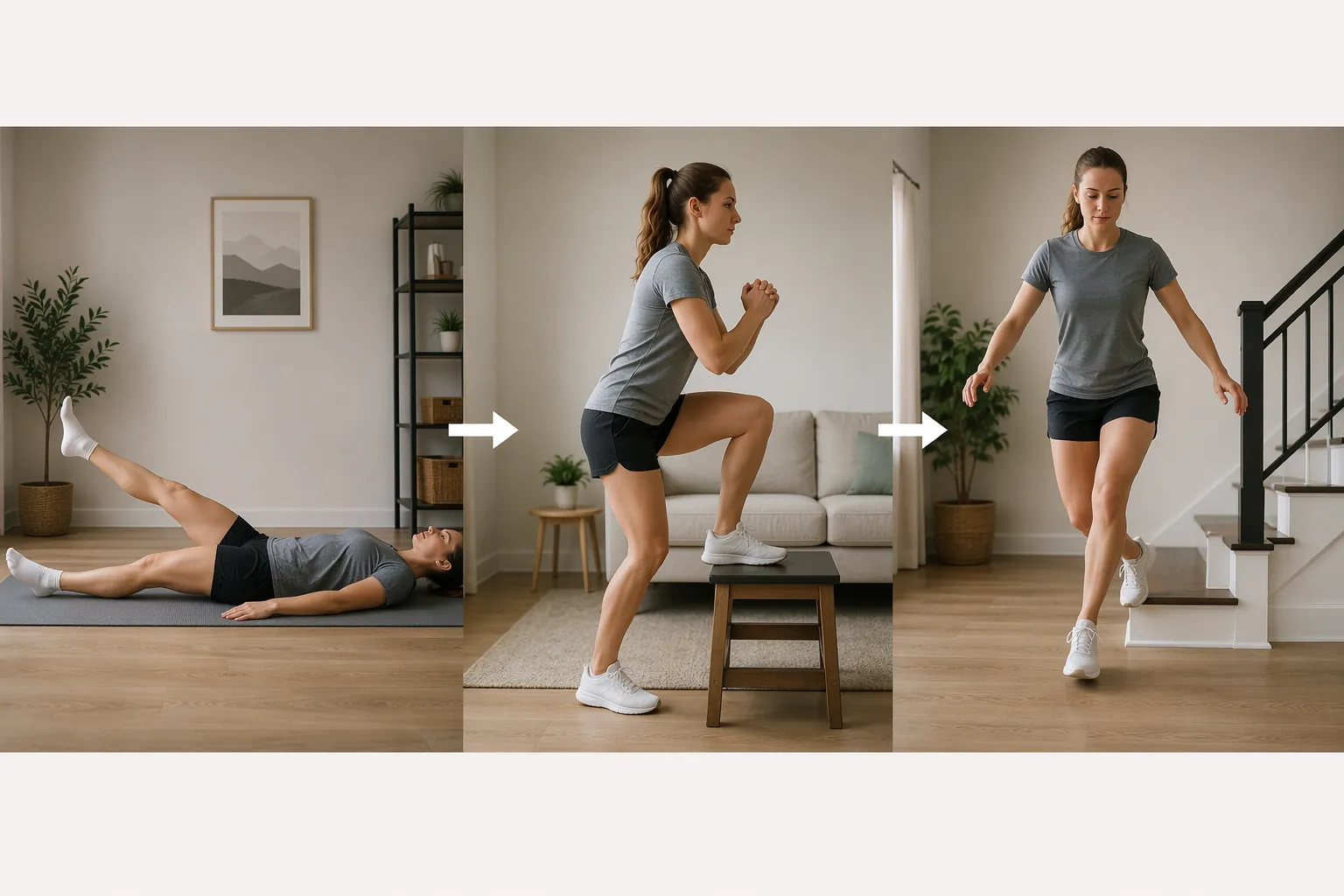 Three-panel home ACL rehab progression from quad activation to mini squat and single-leg balance
