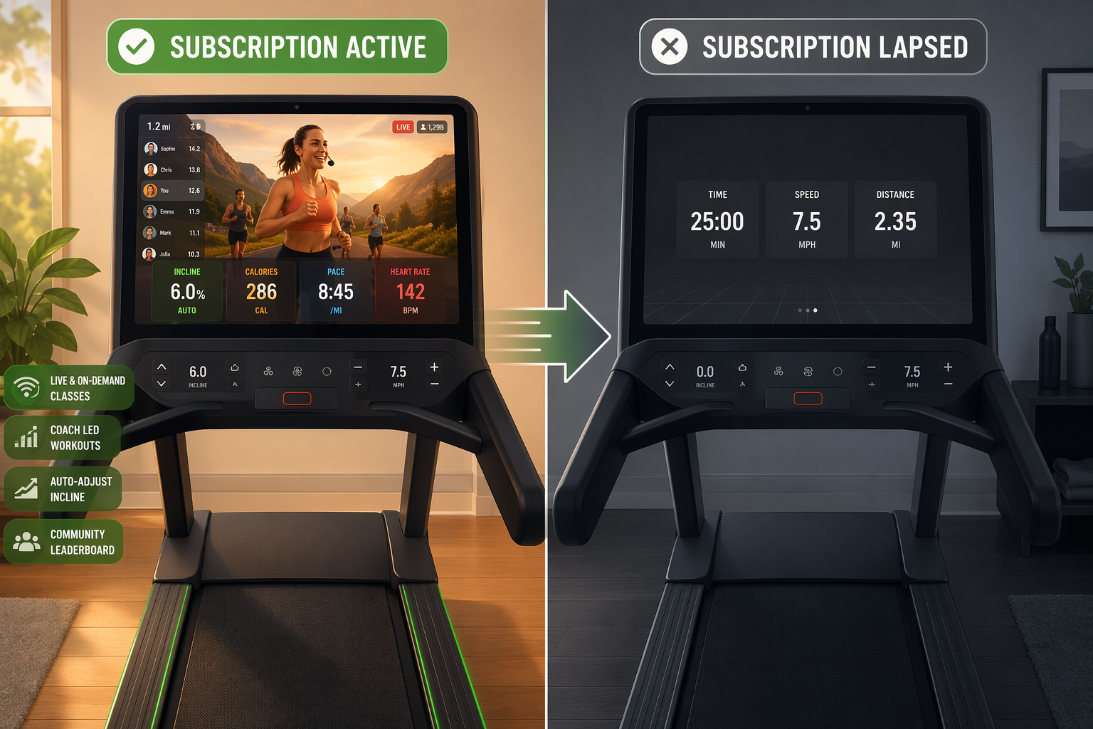 Split comparison editorial illustration of a connected treadmill in two states: left panel with subscription active shows a bright touchscreen displaying a coach-led running class with full metrics; right panel with subscription lapsed shows a dark screen with only basic manual mode metrics.