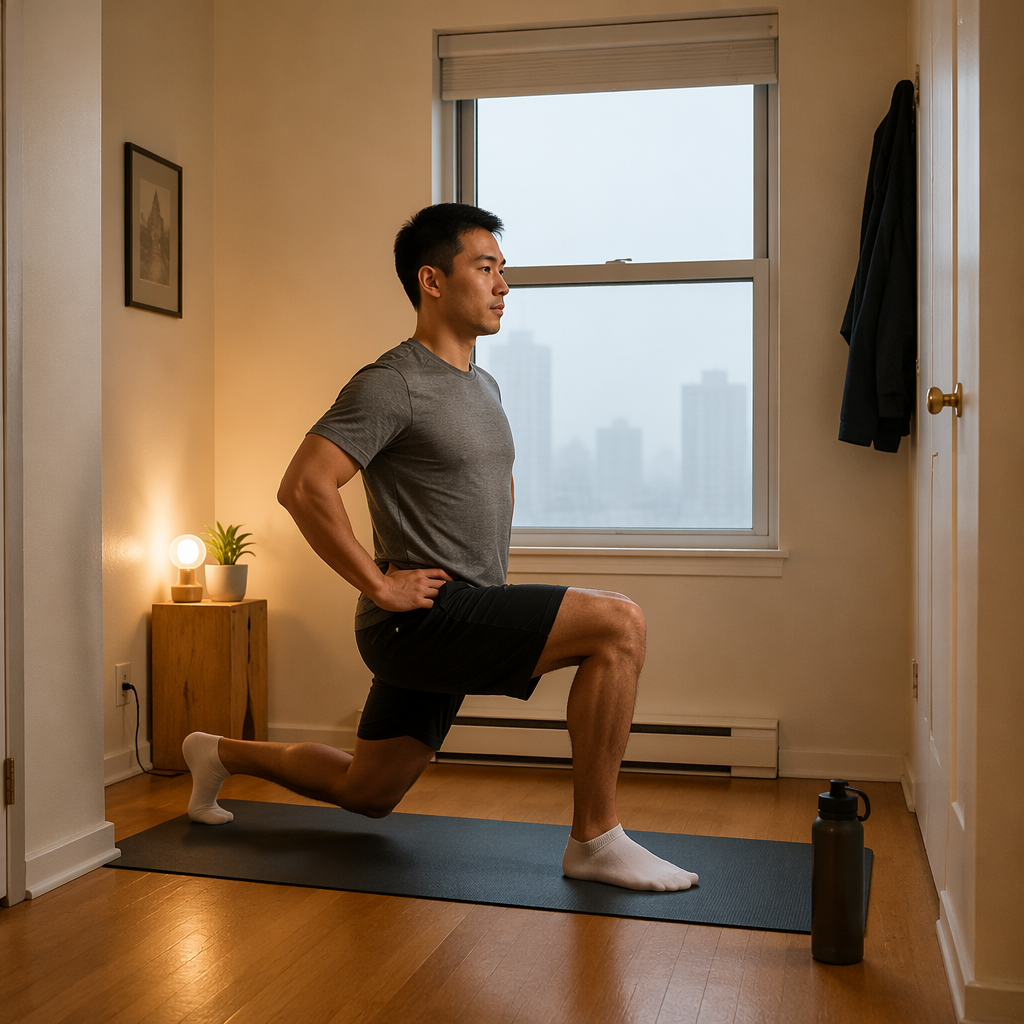 A person doing a bodyweight lunge on a mat in a small apartment with hazy light outside.