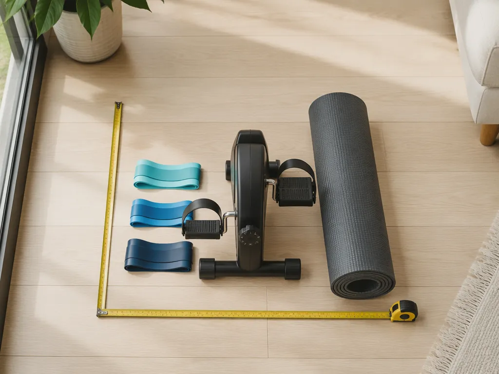 Compact apartment knee recovery gear with resistance bands, a magnetic pedal exerciser, and a rolled exercise mat on a wood floor