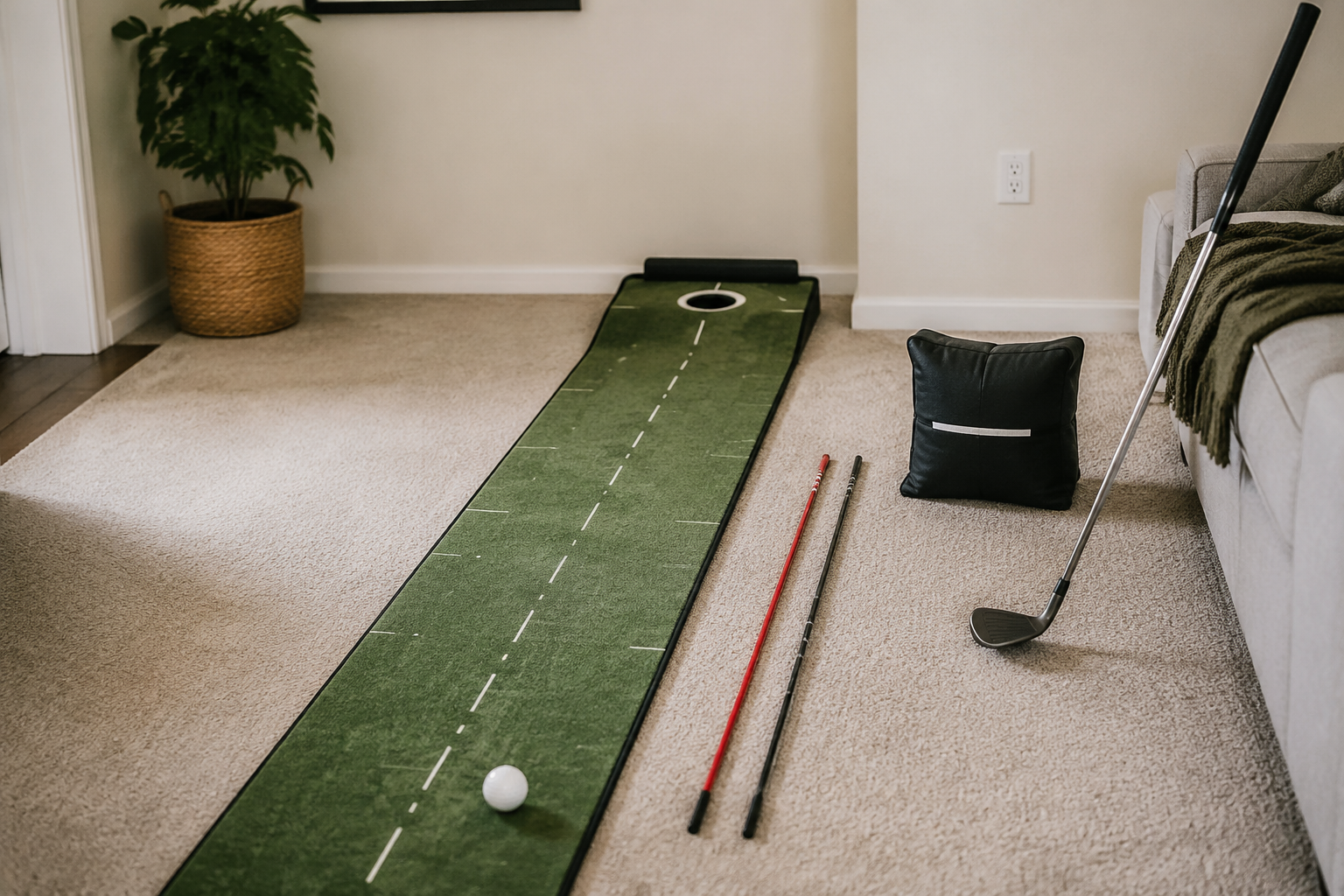 Putting mat, alignment sticks, foam golf ball, impact bag, and golf club arranged on a carpeted floor for home golf practice