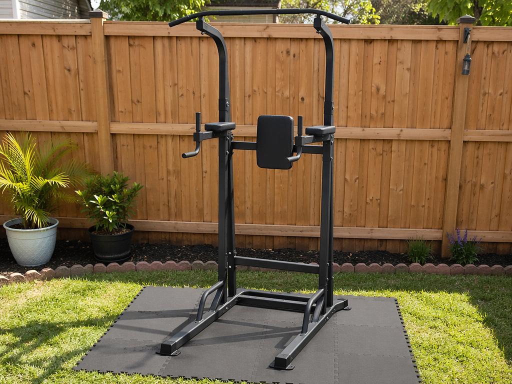 A compact black steel freestanding power tower with pull-up bar, parallel dip bars, and backrest placed on puzzle-mat flooring in a small backyard, with a wooden fence behind and potted plants for scale, showing its roughly 3x4 foot footprint.