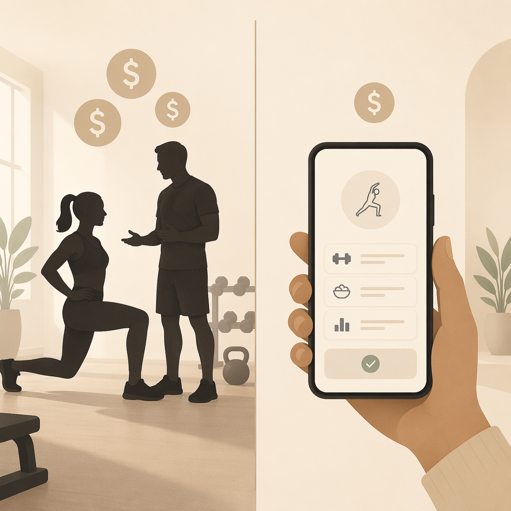 A side-by-side comparison visual with a person and trainer silhouette on the left with small dollar sign icons representing $50-$150 per session, and a smartphone held in a hand on the right with a single dollar sign icon representing $0-$200 per month.