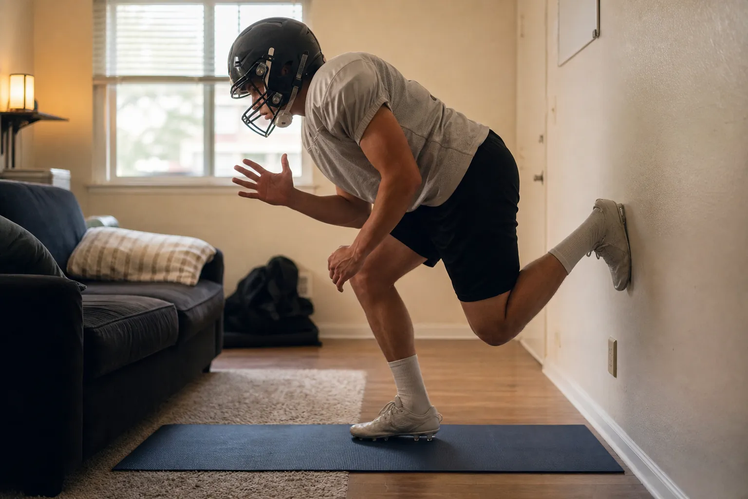 Young American football player performing a quiet wall drive hold in a small apartment