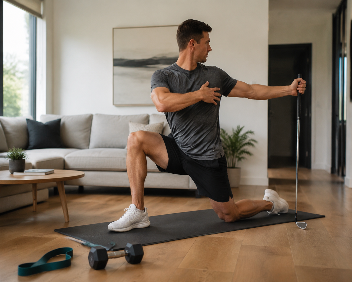 Golfer doing a hip mobility stretch in a living room with a resistance band and dumbbell nearby