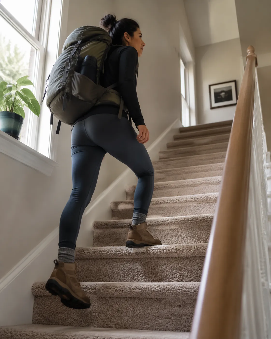 A person wearing a loaded backpack climbs carpeted indoor stairs for hiking training.