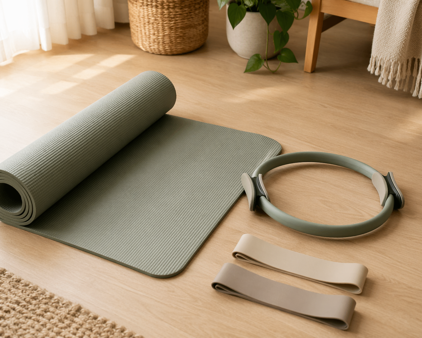 Beginner Pilates starter kit with a thick mat, resistance ring, and resistance bands on a light wood floor