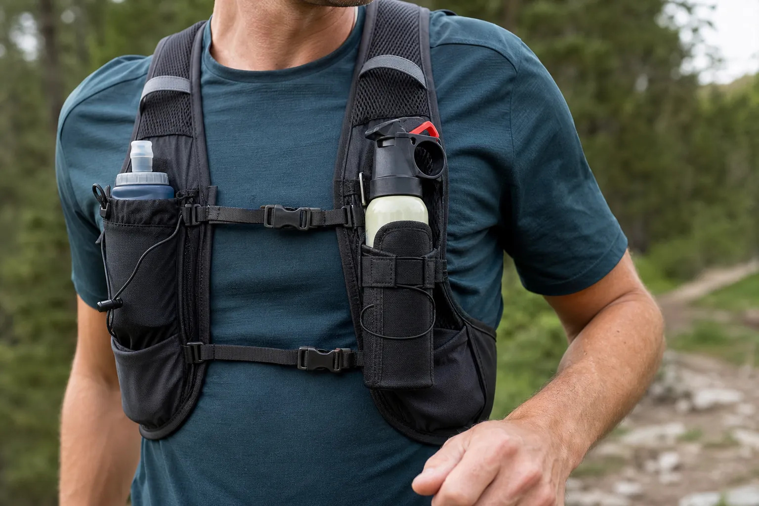 Bear spray holstered on the front chest strap of a trail running hydration vest