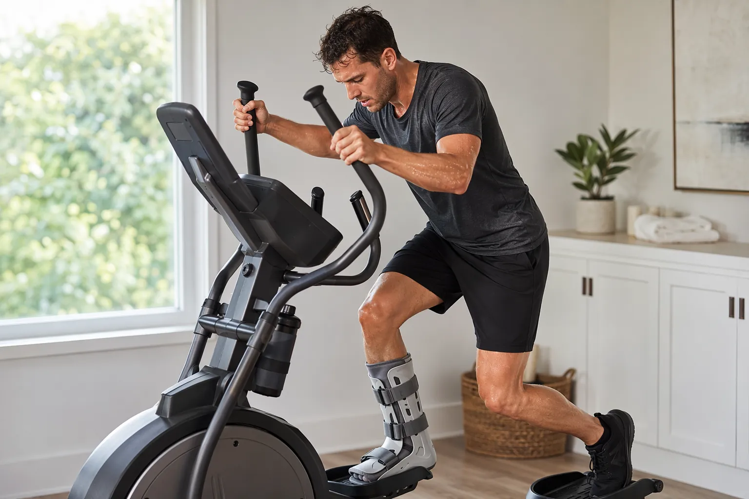 Injured runner sweating on a home elliptical with a medical boot nearby